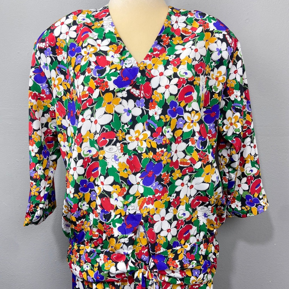 Vintage Cos Cob Floral Dress Size L Colorful Flowers Tie Waist Retro 2 Piece Set